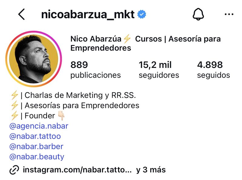 Perfil de Instagram @nicoabarzua_mkt con 15,2 mil seguidores